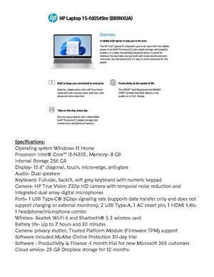 HP 15FD0549NR 15.6 Intel Core i3-N305 Touch Screen Notebook Computer