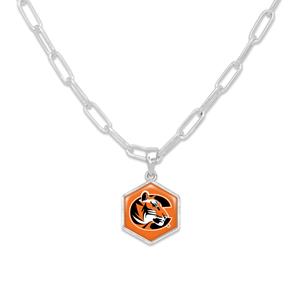 From the Heart Enterprises Juno Tiger Logo Hexagon Charm Paperclip Style Silver Necklace