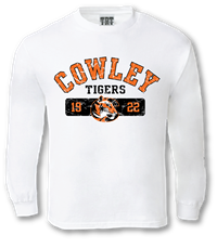 TRT Cowley Tigers 19 Tiger Logo 22 in Box Distressed Youth Long Sleeve White T-shirt